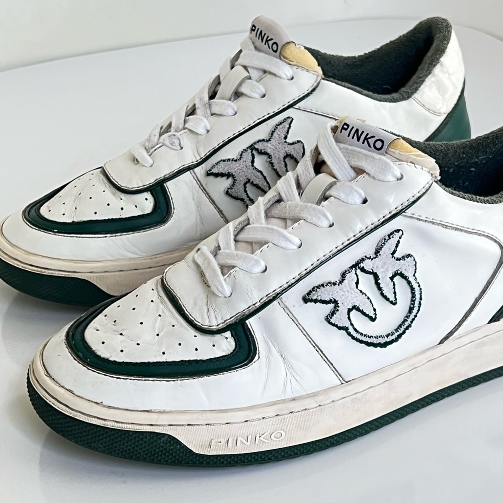 Pinko Bondy 1 Basket Leather Sneakers Women's White & Green Lovebirds Size 39